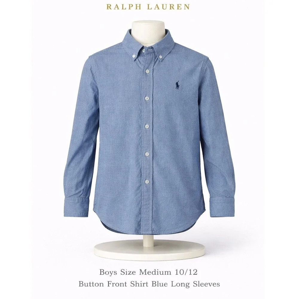 Ralph Lauren Boys Size Medium 10-12 Blue‎ Long Sleeve Button Up Shirt Pony Logo